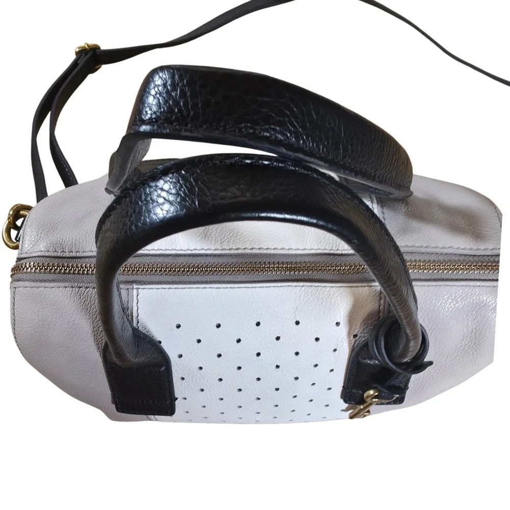 Fossil Jori Large Satchel Purse Gray White Leather Handbag Top Handle Bag w/ Key